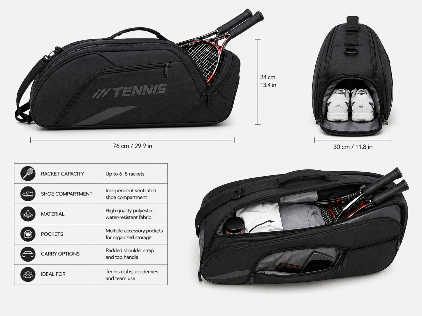 tennis bag for clubs academies specifications