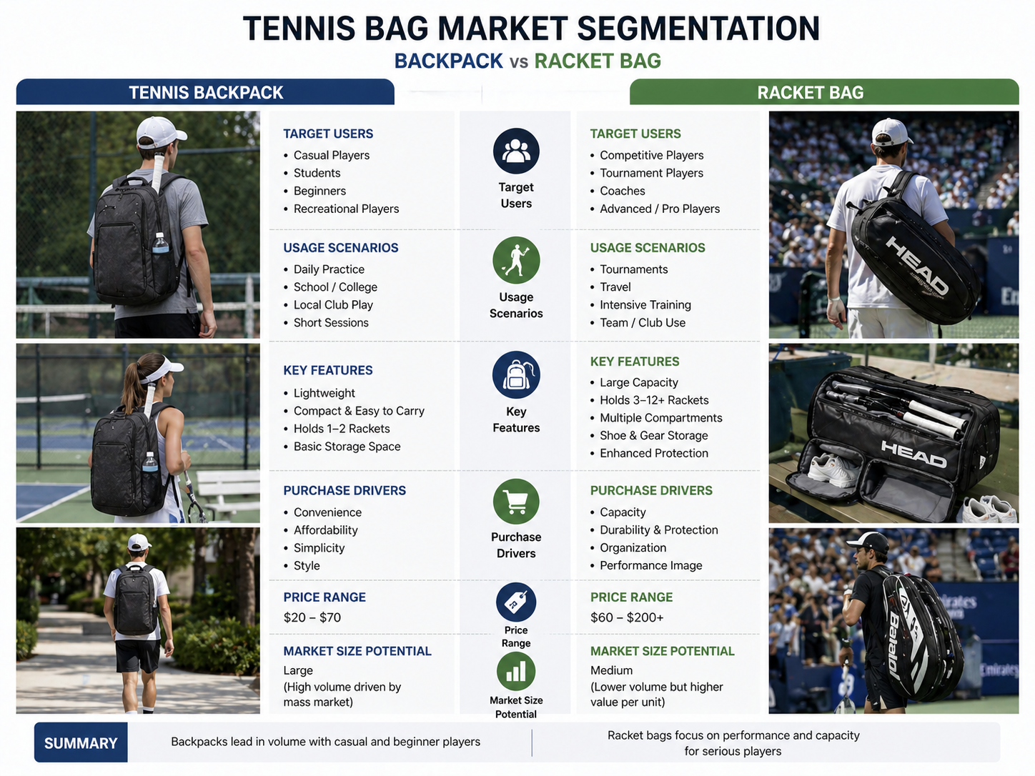 tennis bag market segmentation backpack vs racket bag